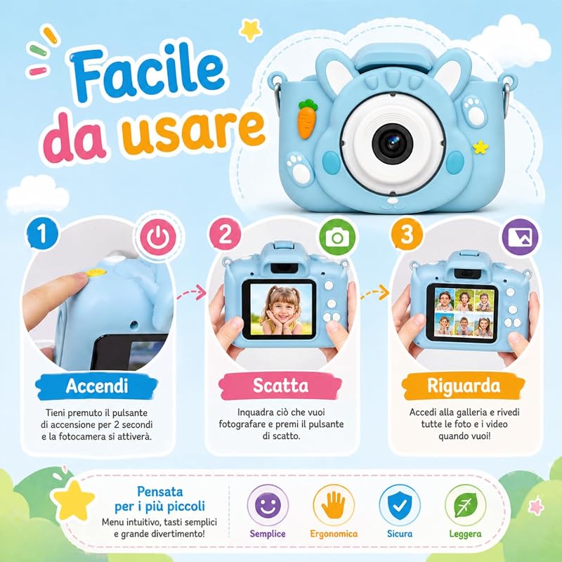 KidsCamera Bibi el Conejo 2K – Cámara fotográfica para niños a partir de 3 años con tarjeta de memoria de 4 GB incluida, fotos, vídeos, juegos y filtros – Primera cámara digital regalo cumpleaños niña
