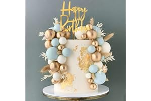 DRWATE Blue Balls Cake Topper Boho Grass Cake topper Blue White Gold Pearl Balls Happy Birthday Cake Decorations for Wedding Baby Shower Birthday Boho Themed Party Supplies (Blue)