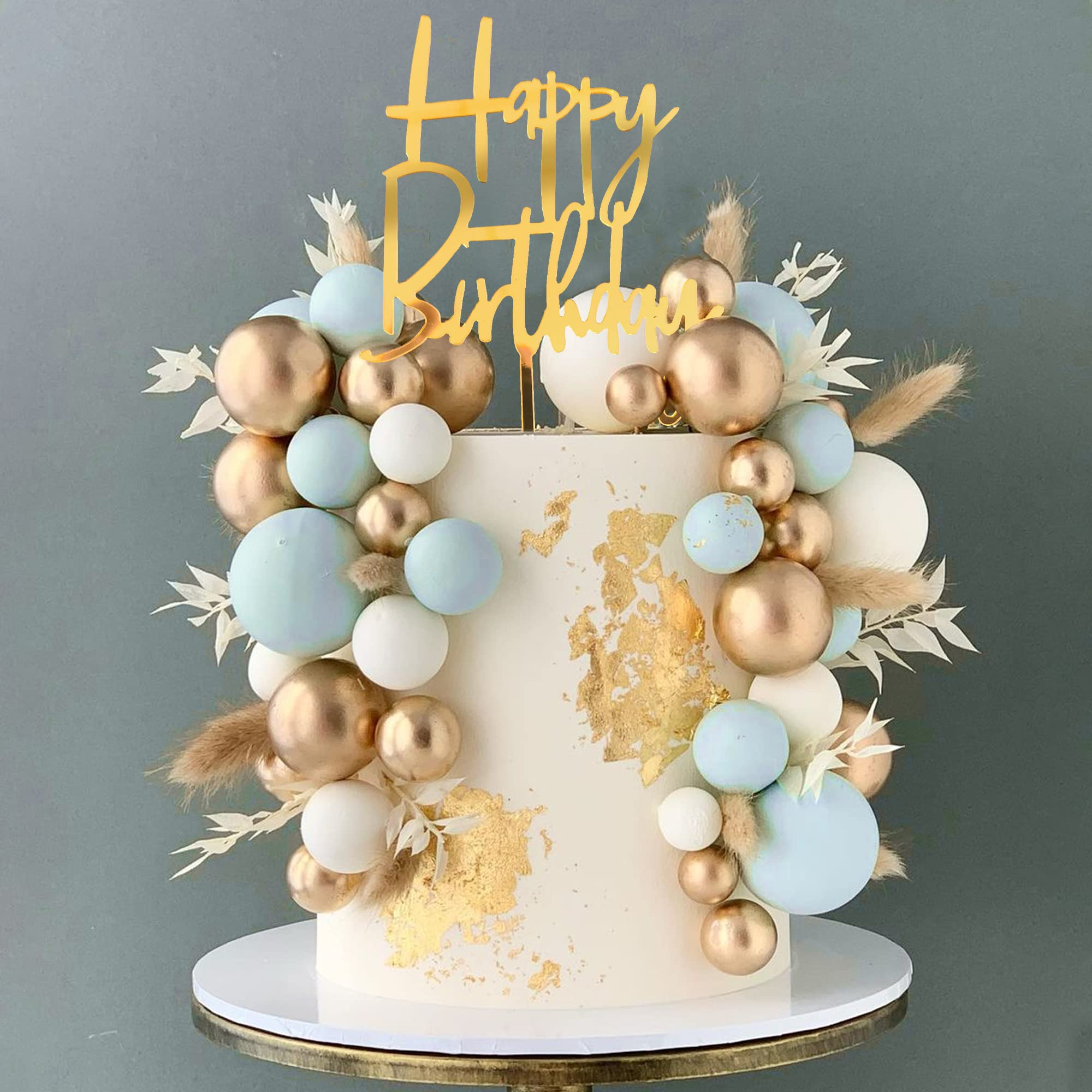 Photo 1 of Blue Balls Cake Topper Boho Grass Cake topper Blue White Gold Pearl Balls Happy Birthday Cake Decorations for Wedding Baby Shower Birthday Boho Themed Party Supplies (Blue)