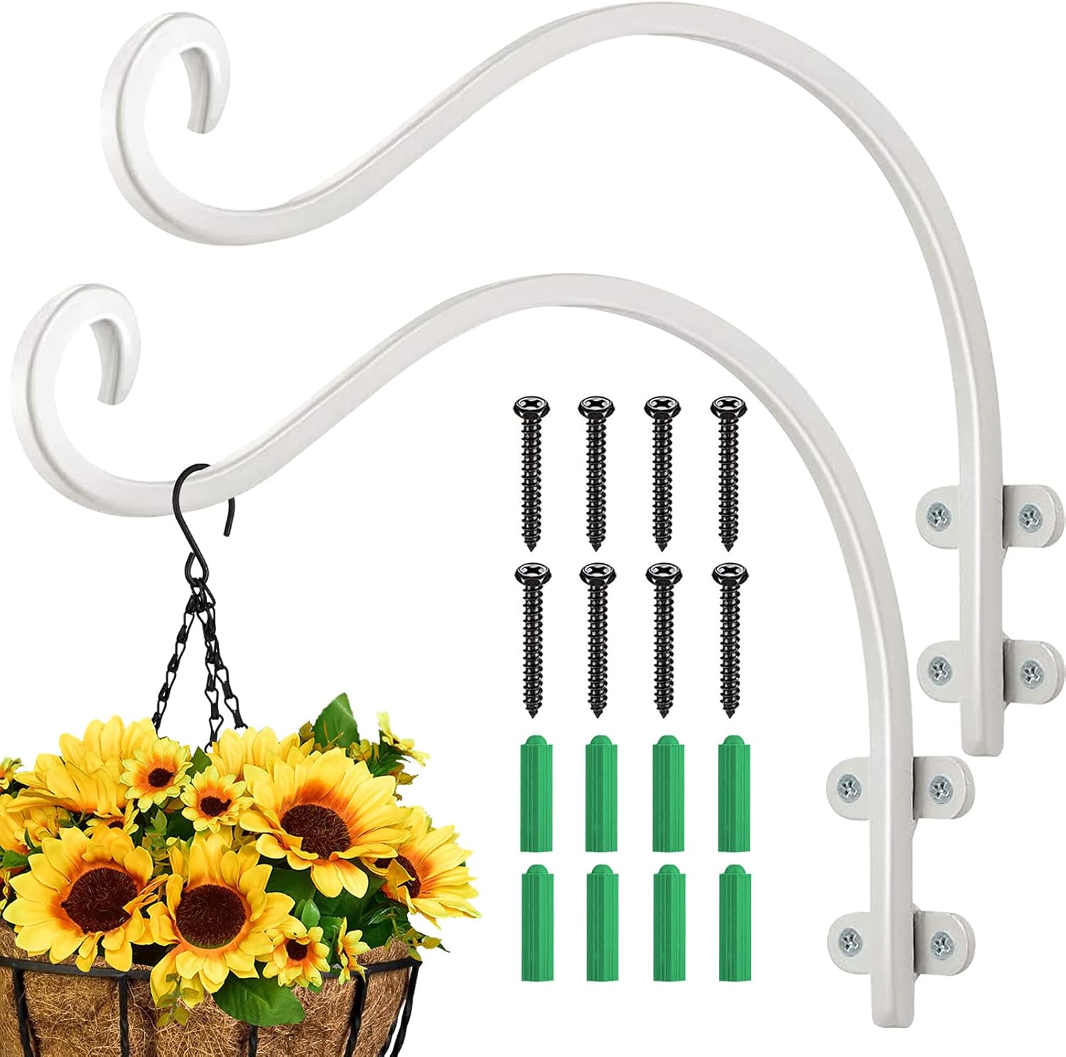 Outdoor Hanging Brackets - GXF Hanging Plant Bracket, 2 PCS 12 in Plant Hanger Bracket Heavy Duty Metal Wall Mount Hanging Plant Hooks for Flower Baskets Bird Feeder Lantern Wind Chimes Wall Sconces Light Fixtures (White)