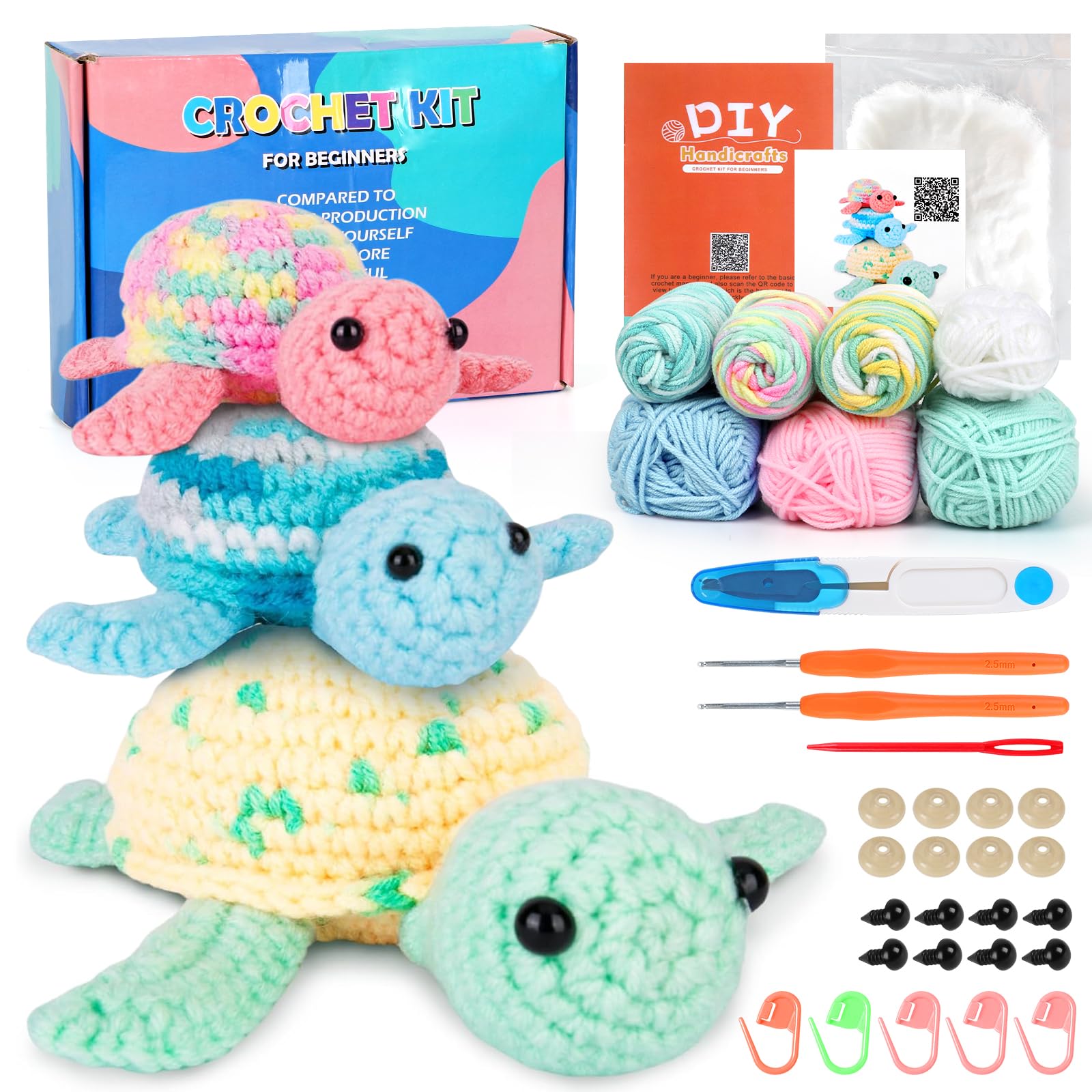 UXORSN Crochet Kit for Beginners Adults 3 Pack Turtle Family Crochet Animal Starter Kits Complete Knitting Supplies with Yarn Hooks Step-by-Step Instructions Video Tutorials DIY Craft Birthday Gifts