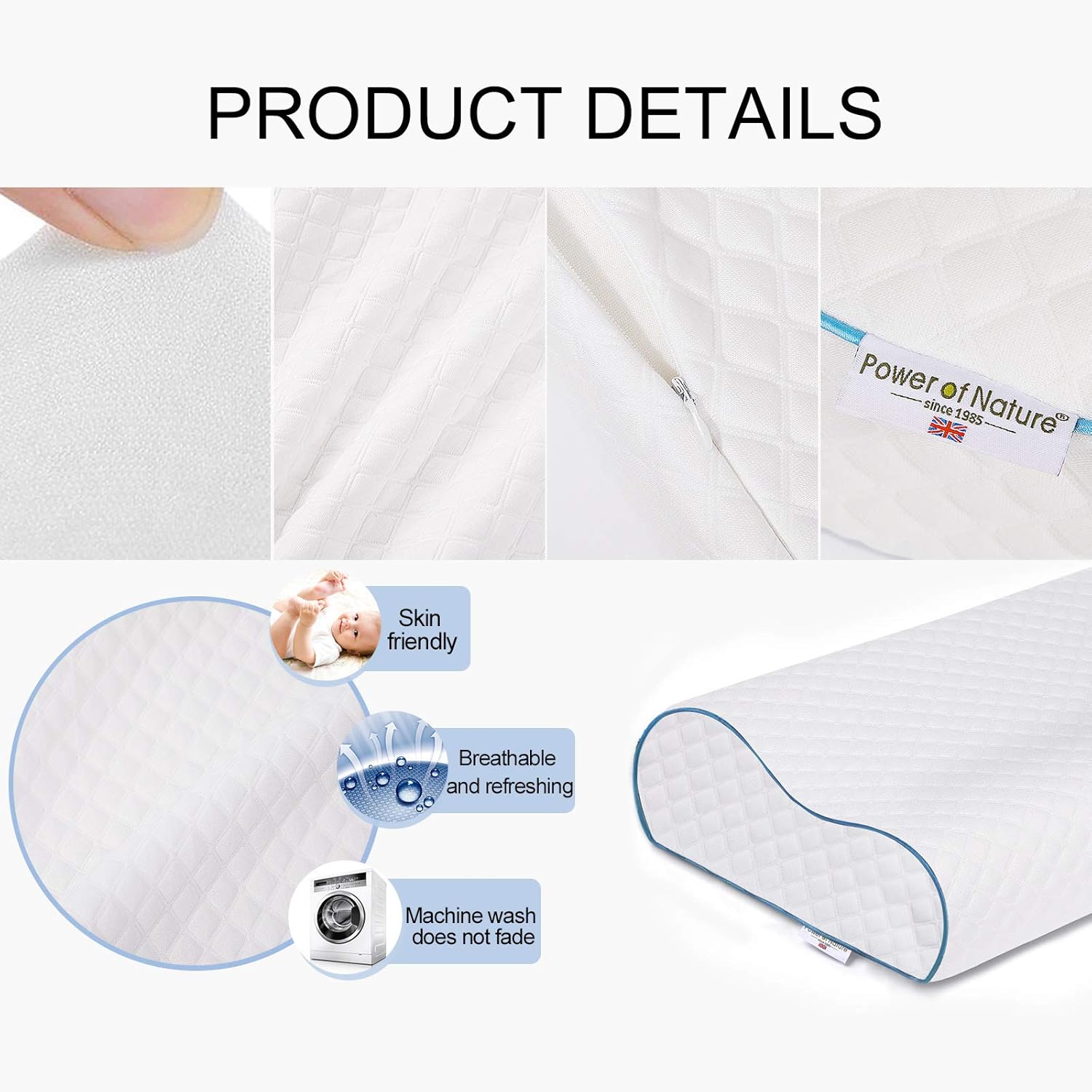 Power of Nature Memory Foam Contour Pillow, Cervical Pillow for Neck Pain, Orthopedic Neck Support Pillow for Back, Stomach, Side Sleepers, Pillow for Sleeping, with Washable Pillowcase: Kitchen & Dining