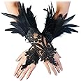 L'VOW 2Pcs Gothic Black Lace Feather Long Gloves for Women Halloween Witch Costume Swan Wristband Cuff