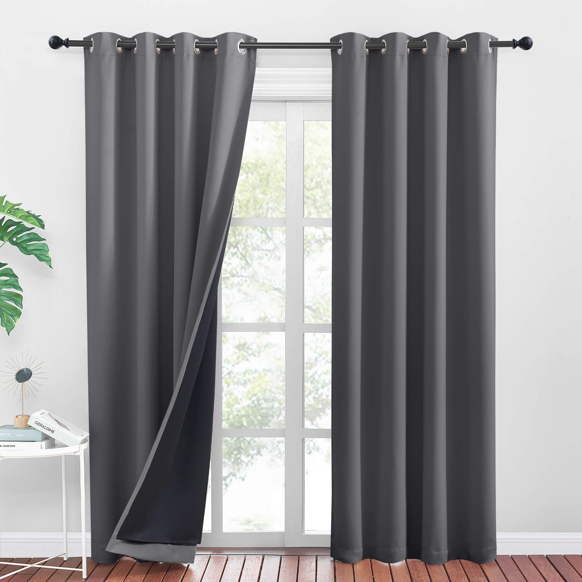 PONY DANCE 100% Blackout Double-Layer Curtains - Thermal Insulated 46x90 Inch Long Curtains for Bedroom Living Room, Energy Energy & Noise Reducing, Grey Grommet Blackout Drapes, 2 Panels