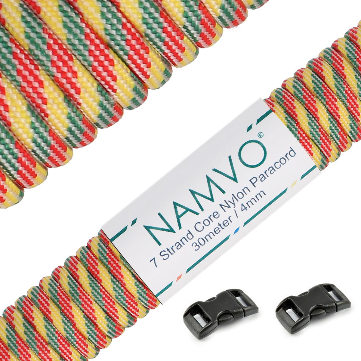 Namvo Paracord 4mm,100ft (31m), Paracord 550 7 Core Strand, Tear-resistant, 100% Nylon Cord, Versatile Type III Mil-Spec Paracord, Holds 250kg, Ideal for Outdoor Survival Camping-Yellow green red