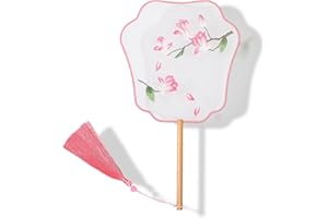 YUELAI Translucent Silk Embroidered Hand Held Fan, Chinese Round Fan, Ancient Hand Fan,Traditional Palace Paddle Dance Fan, Vintage Double-Sided Pattern Fan (Pink Magnolia)