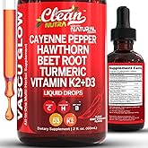 Clean Nutra Cayenne Pepper Drops Supplement Liquid + Hawthorn Berry, Vitamin D3 K2 Beet Root Powder, Ceylon Cinnamon, Turmeric Curcumin, Organic Panax Ginseng, Berberine Extract 1 Pack