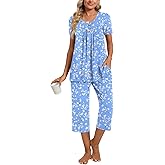 COFNEW Womens Summer Pajama Sets 2 Piece Short Sleeve Top and Capri Pants Plus Size Ladies Lounge Pjs Sets with Pockets