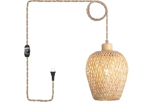 Hchunqjor Bamboo Plug in Pendant Light with 14ft Handmade Woven Light Cord, Dimmable Switch, Boho Basket Mini Hanging Lamp for Bedroom Kitchen Island Farmhouse Living Room Home