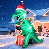 7 FT Christmas Inflatables Dinosaur Outdoor Yard Decoration, Christmas Blow Up Giant Dinosaur Holding Gift Boxes with Built-in Bright LED Lights for Xmas Holiday Garden Lawn Yard Party Decor