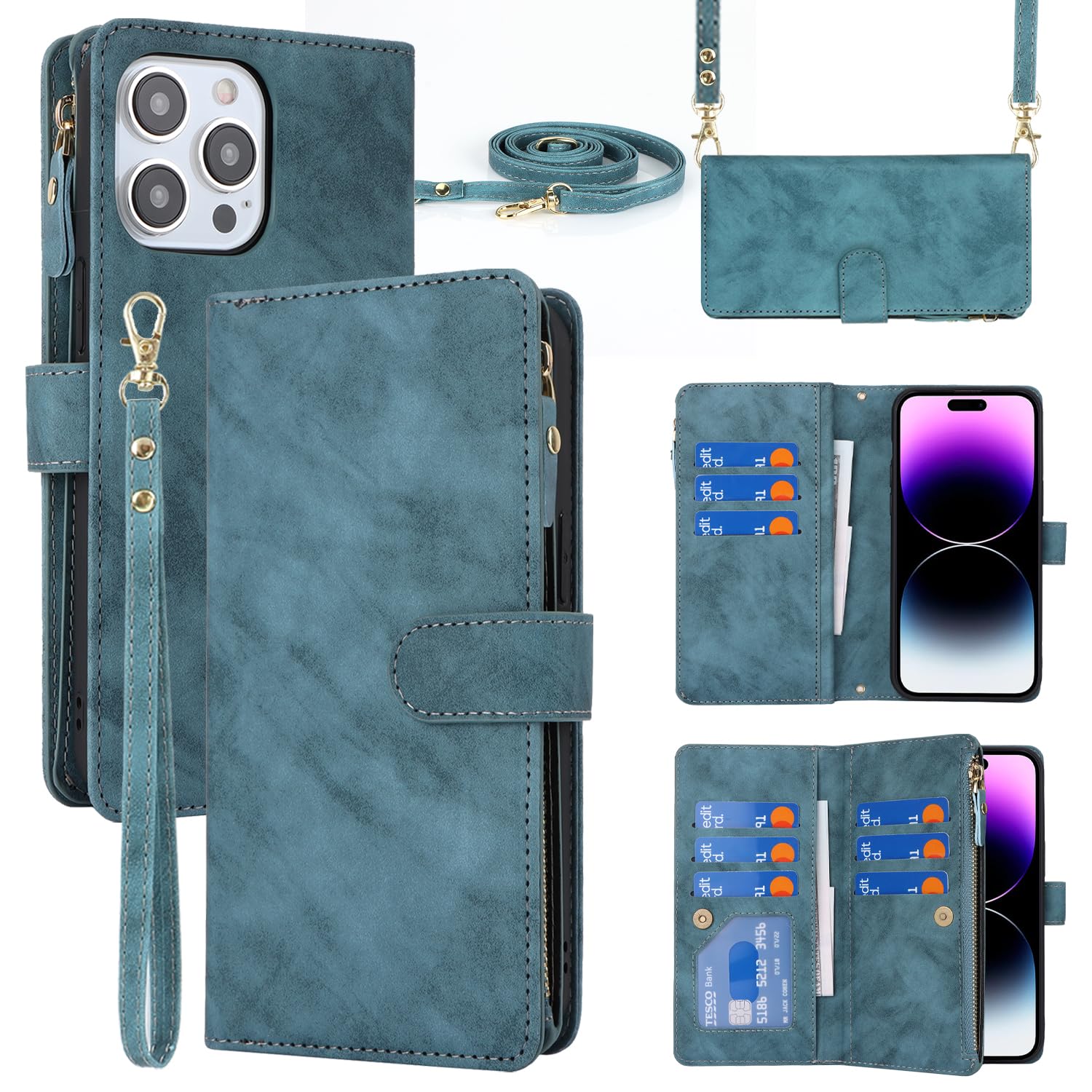 Cavor Compatible with iPhone 15 Pro Max Case With Card Holder With Strap,Flip Leather Crossbody Wallet Case,[9 Card Holders][Magnetic][Lanyard],Cover Phone Case for women - Light Blue