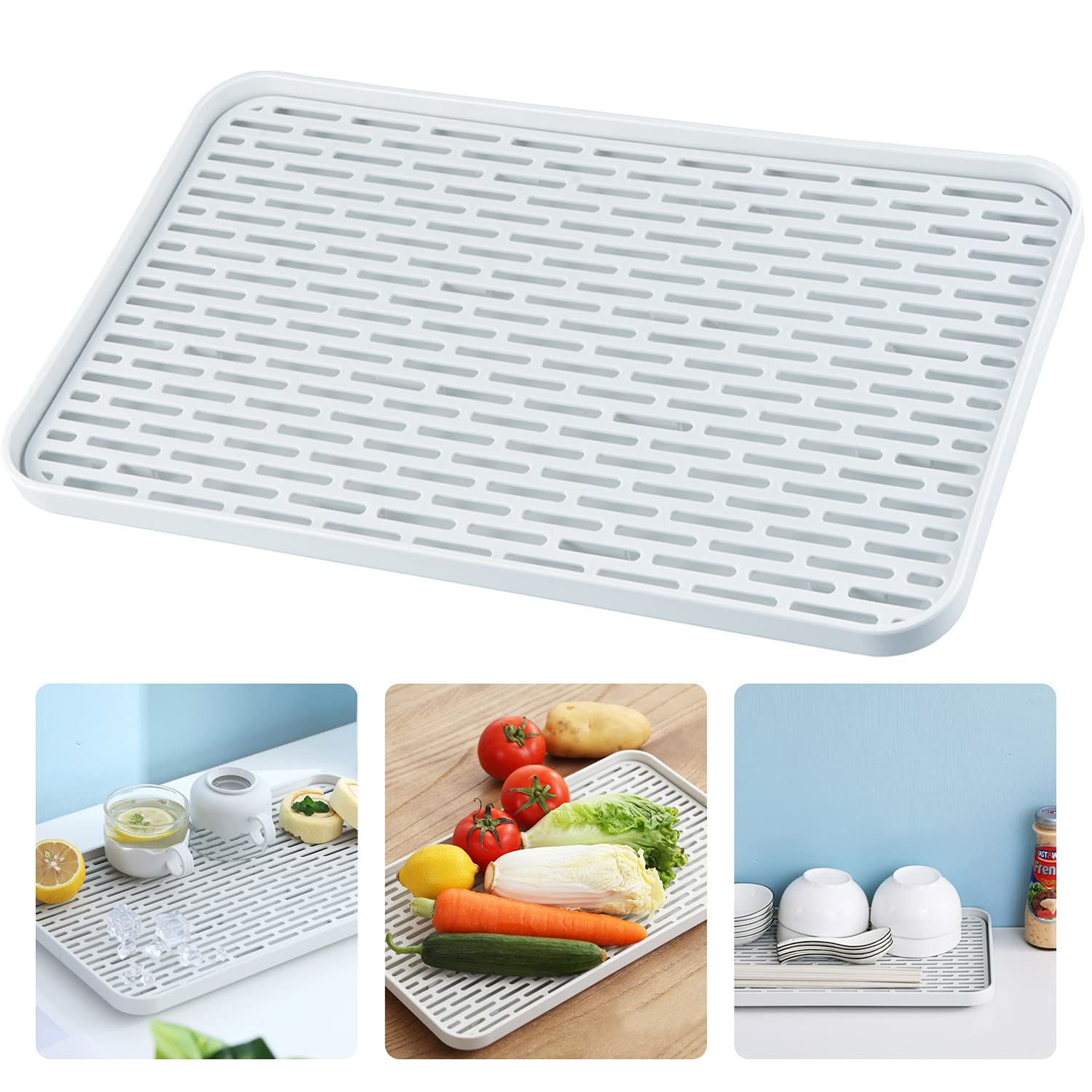 SOSMAR Drainer with Drip Tray - Dish Drain Board - Water Collection Drying Tray Trivet for Fruit, Mug, Utensils, Bathroom Accessories, Coffee and Tea, 39 x 22.5cm Grey