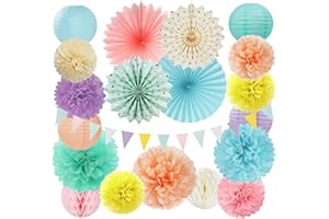 Pastel Rainbow Party-Decorations - 20pcs Pink Yellow Blue Classroom Ceiling Paper Lanterns Fans ,Girl Birthday Tissue Pom Poms,Honeycomb Balls,Bunting,Baby Shower Bridal Wedding Decor Burgleda