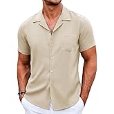 COOFANDY Men's Casual Button Down Shirts Short Sleeve Summer Beach Shirt Cuban Vacation Textured Shirts with Pocket