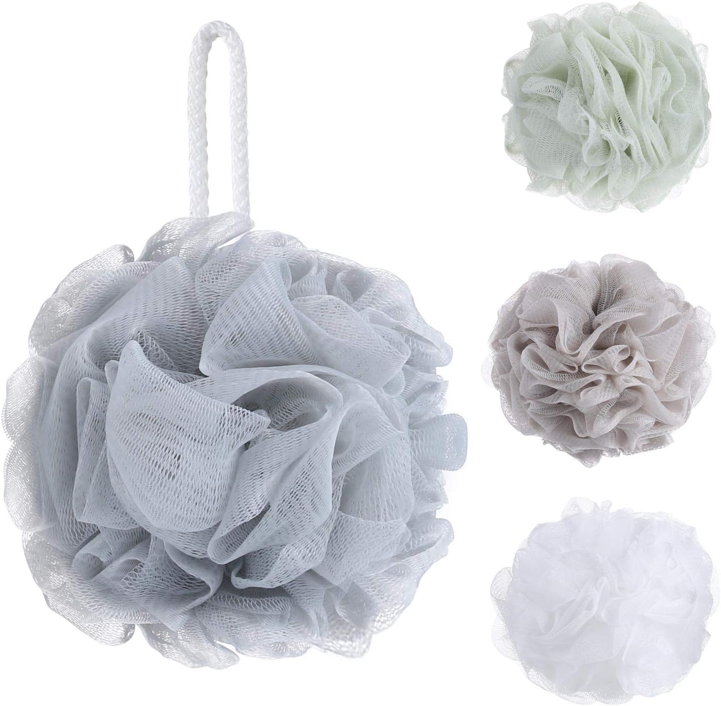 8 Pack Mesh Pouf Bath Sponge, Mesh Loofah Body Exfoliating Shower Ball Shower Sponge, White, Grey, Green, Light Brown - Image 3