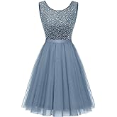 BeryLove Sequin Dress Vintage A Line Wedding Formal Swing Tulle Dress Sleeveless Cocktail Mini Dress