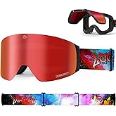 LECAGE Ski Goggles for Men Women Youth,Magnetic Flip-Up Lens for Instant Defogging,Snow Snowboard Goggles UV400 Protection
