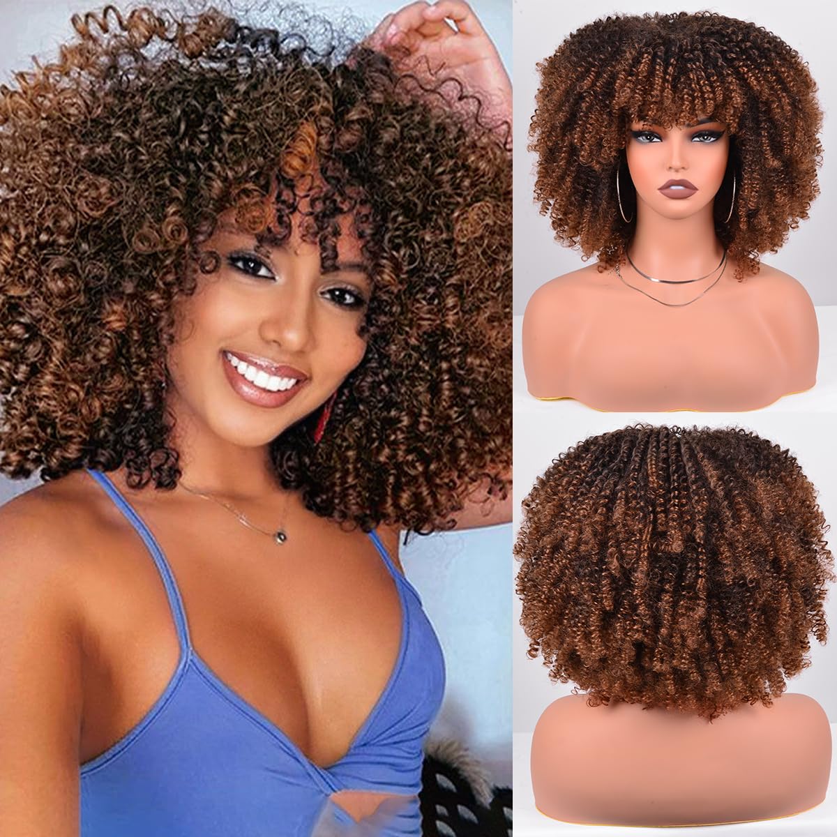 Photo 1 of Vitorish Synthetic Wig 12 Inches Curly Afro Wig With Bangs about 280g/Piece Full Machine Made Afro Kinky Curly Hair Cosplay (Black to Brown)