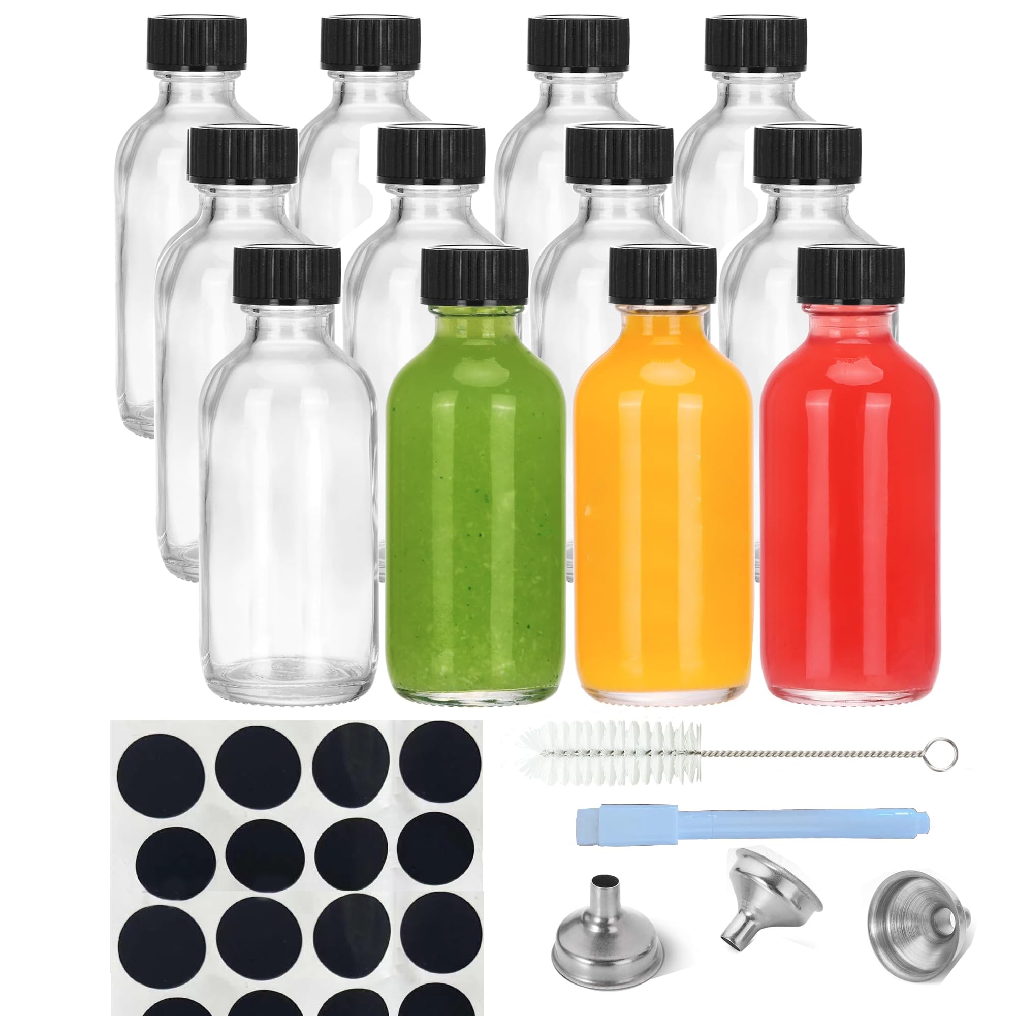 Bigingjia 12-Pack 60ml Shot Bottles with Lids,Mini Clear Glass Bottles with Funnels,Labels,Small Glass Jars with Lids.Perfect for Ginger Travel Shots, Juice, and More!