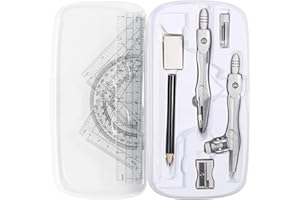 Vobou Math Geometry Kit Sets 10 Piece Student Supplies with Shatterproof Storage Box,Includes Rulers,Protractor,Compass,Eraser,Pencil Sharpener,Lead Refills,Pencil,for Drafting and Drawings（Grey）