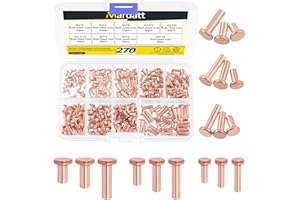 Mardatt 270Pcs Flat Head Copper Solid Rivets, Solid Copper Rivets Fasteners for Electrical Applications Purple Copper Tone