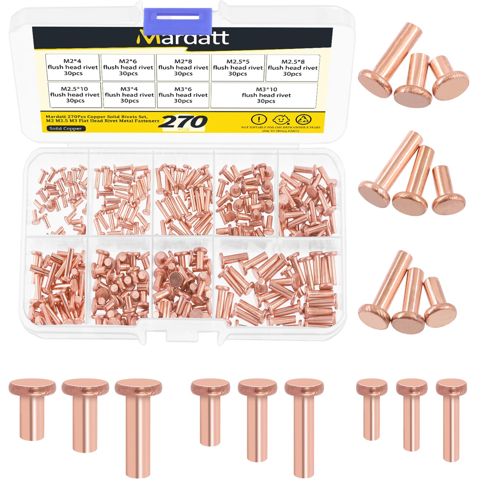 Mardatt 270Pcs Flat Head Copper Solid Rivets, Solid Copper Rivets Fasteners for Electrical Applications Purple Copper Tone