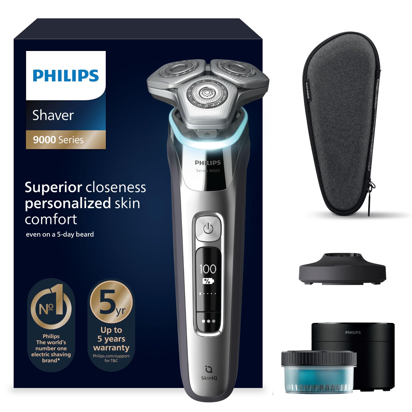 Philips Shaver S9000, rasoir électrique Wet&Dry, système de rasage Lift & Cut et technologie SkinIQ, tondeuse rétractable, Quick Clean Pod, socle de charge, coffret de voyage, argent chromé, S9975/54