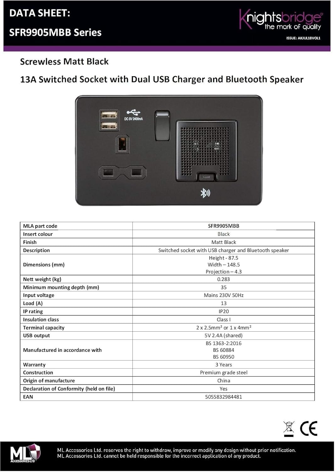 Knightsbridge SFR9905MBB Screwless Decorative, Matt Black, Black / Black, Socket - Single + Bluetooth - Image 4