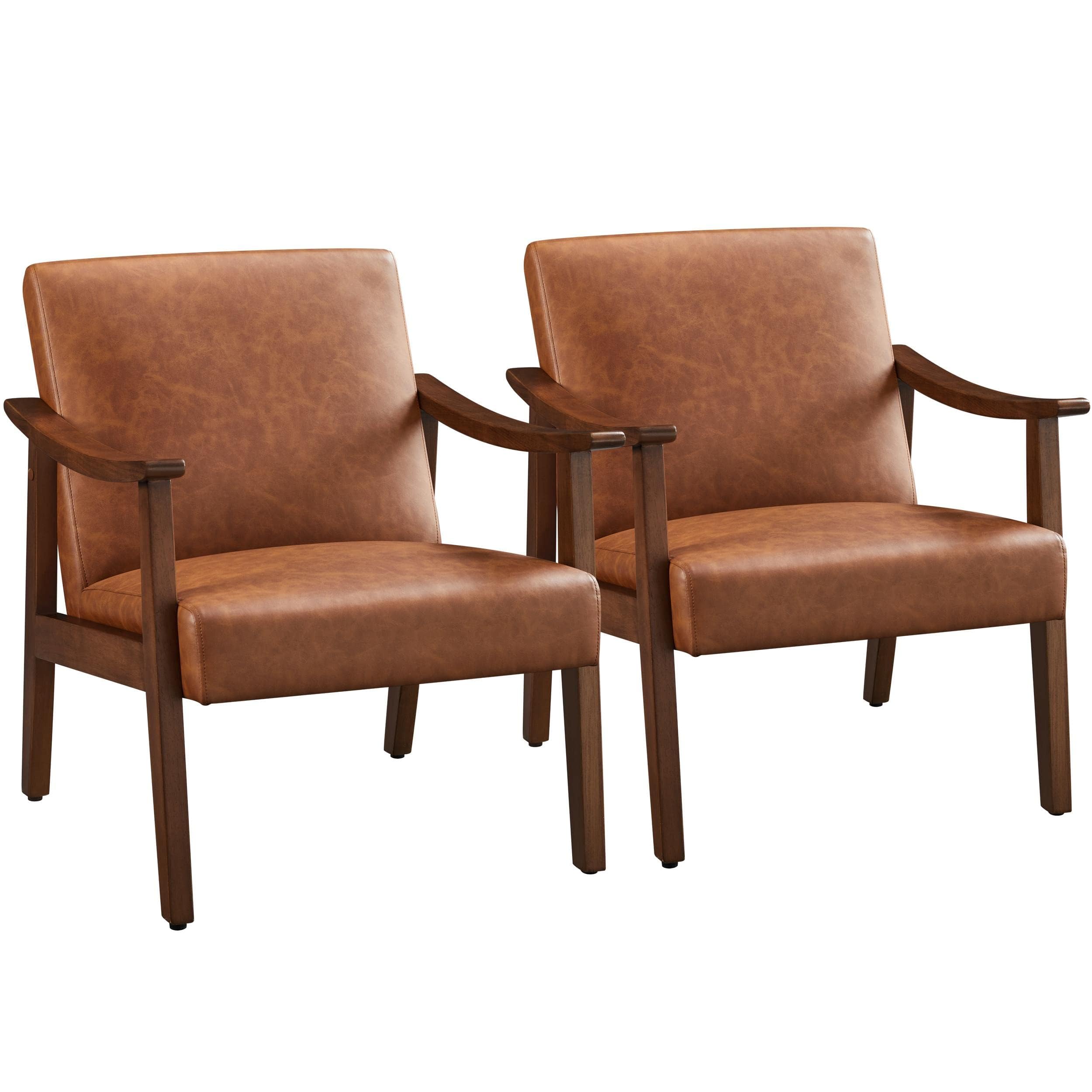 Photo 1 of ******ONLY ONE CHAIR******** Yaheetech PU Leather Accent Chair, Mid-Century Modern Armchair with Solid Wood Legs, Reading Leisure Chair with High Back for Living Room Bedroom Waiting Room,  Brown