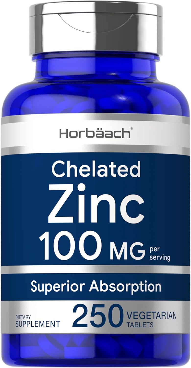 Chelated Zinc Supplement 100mg | 250 Tablets | High Potency & Superior Absorption | Vegetarian, Non-GMO, Gluten Free | by Horbaach: Health & Personal Care