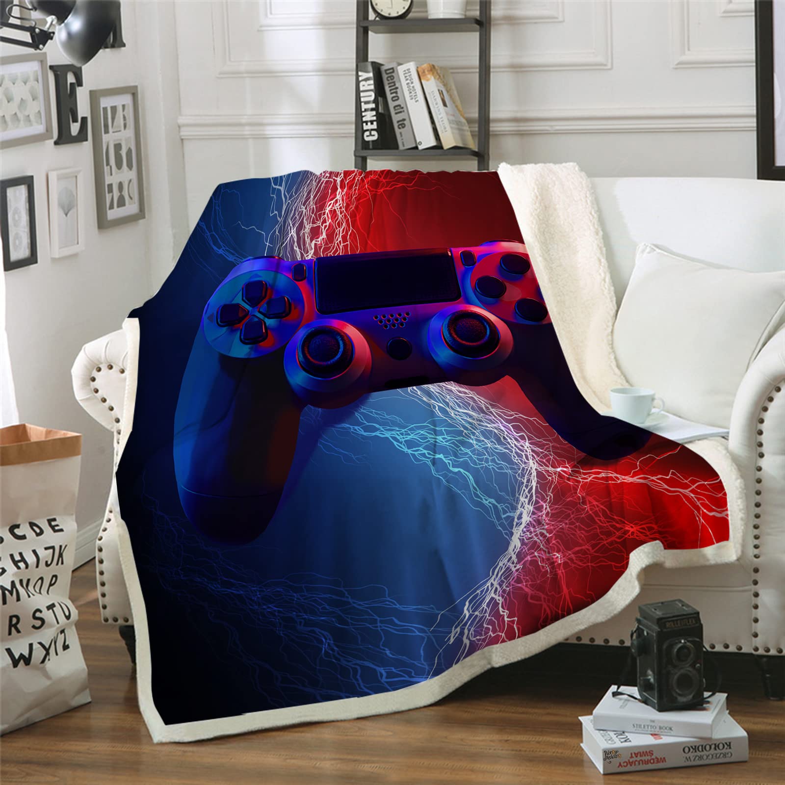 HAVOP Gamer Blanket Throw For Kids Boys Gamepad Gaming Controller Printed Blue Red Blankets Throws Soft Sherpa Fleece Blankets Bed Throws For Kids Adults And Teens