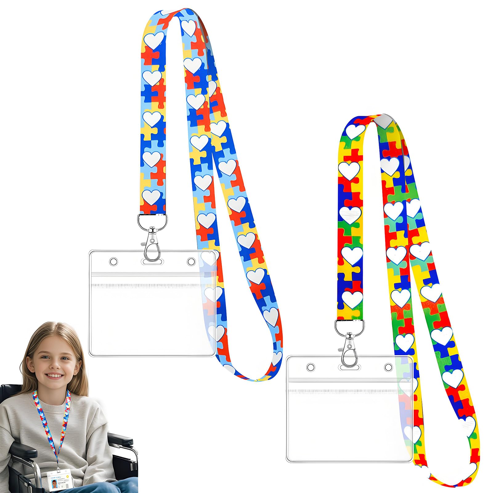Lanyard with Card Holder, 2 pcs Unique Bright Color Heart Puzzle Kids Lanyard Card Holder for Bus School Cruise Ship, with 2 pcs Transparent Card Sleeve