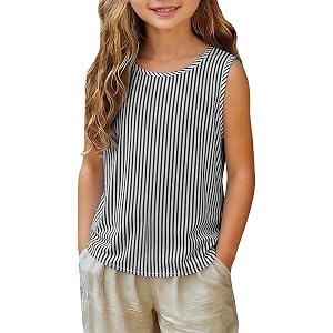Girls' Vertical Striped Tank Tops Sleeveless Linen Cotton Crew Neck Casual Loose Summer Shirt Breathable Tee for Girls