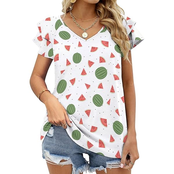 Cute Cherry Pattern Women's Summer Tops V Neck T-Shirt
