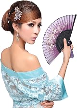 Kibon Folding Hand Fan Bamboo Silk Tassel Purple 8.3 15x8.3in Handheld view 6