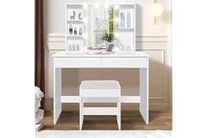 USIKEY Makeup Vanity Desk with Sliding Lighted Mirror for Christmas Day, Makeup Table Vanity Desk with 2 Large Drawers, 3 Color Lighting Modes, Brightness Adjustable, Vanity Table for Women Girls, White