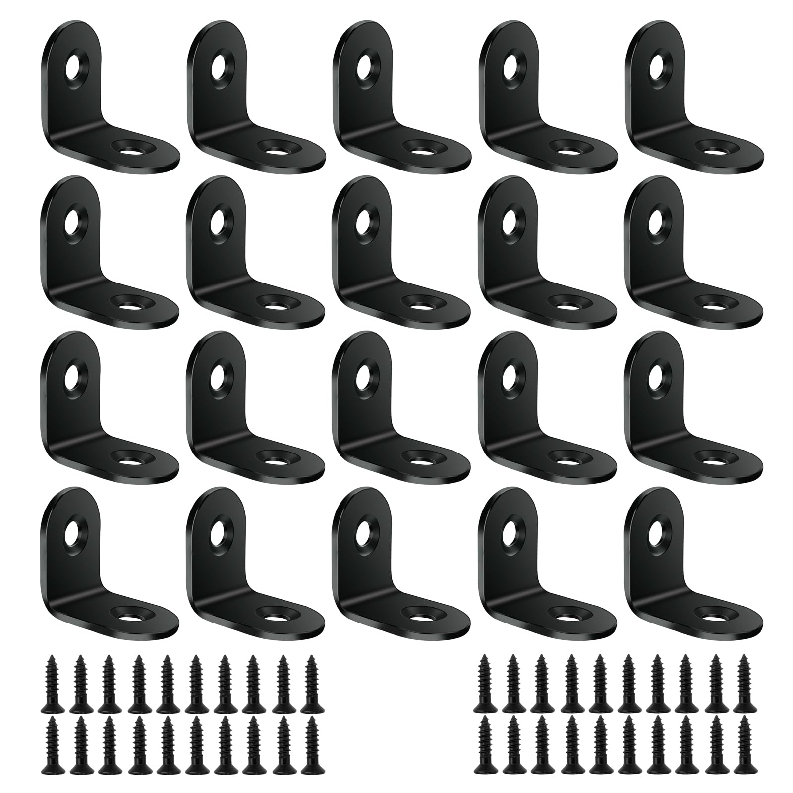 BuxiuGK 20 Pieces Black Corner Brackets 20 x 20mm,L Shape Right Angle Stainless Steel Metal Brackets with Screws for Desk, Table, Chairs,Wood Furniture