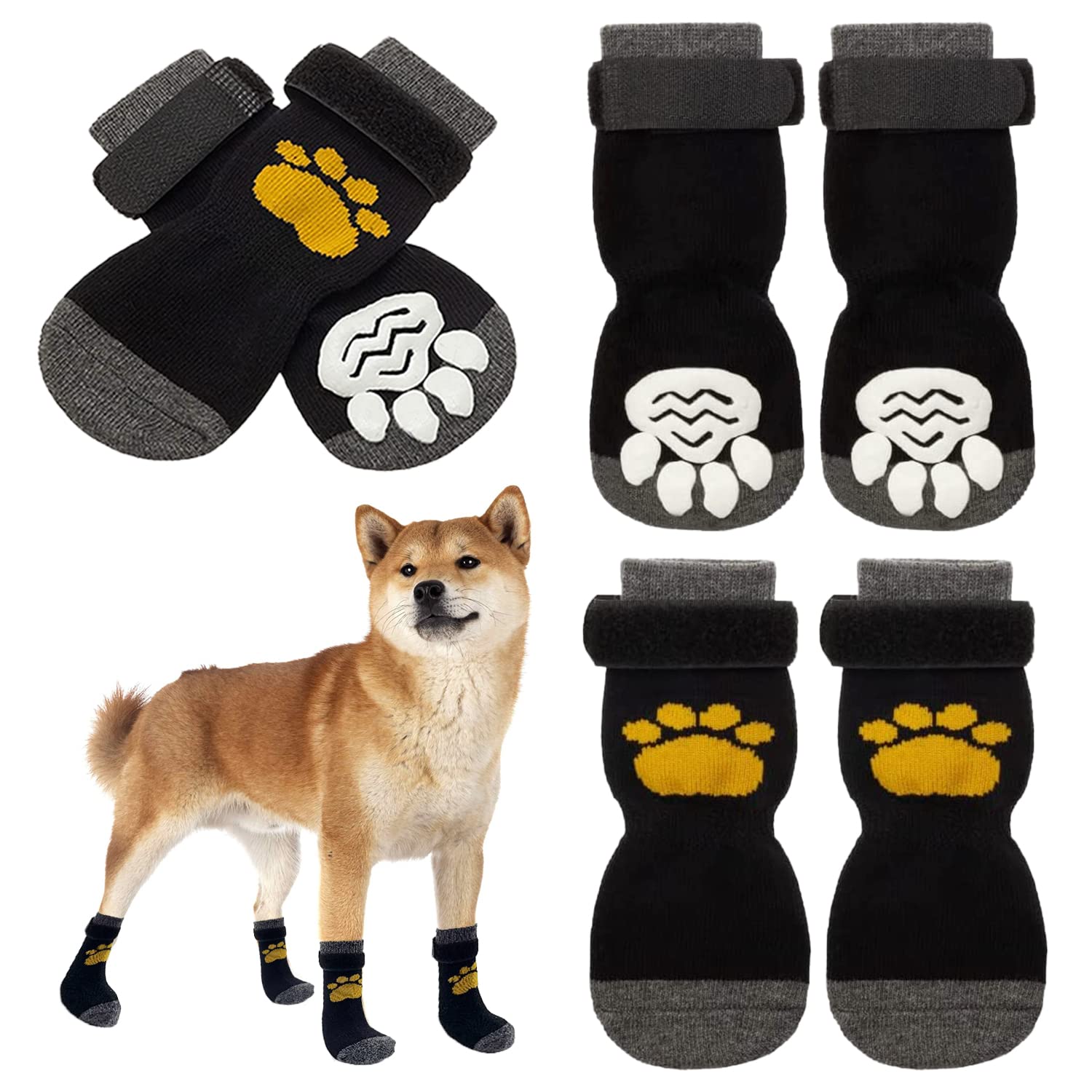 Ewolee Dog Socks, 3 Pairs Anti-Slip Dog Socks Dog Walking Socks, Dog Cat Paw Protectors with Rubber Bottom and Adjustable Straps, Traction Control for Pet Indoor Wear (S)