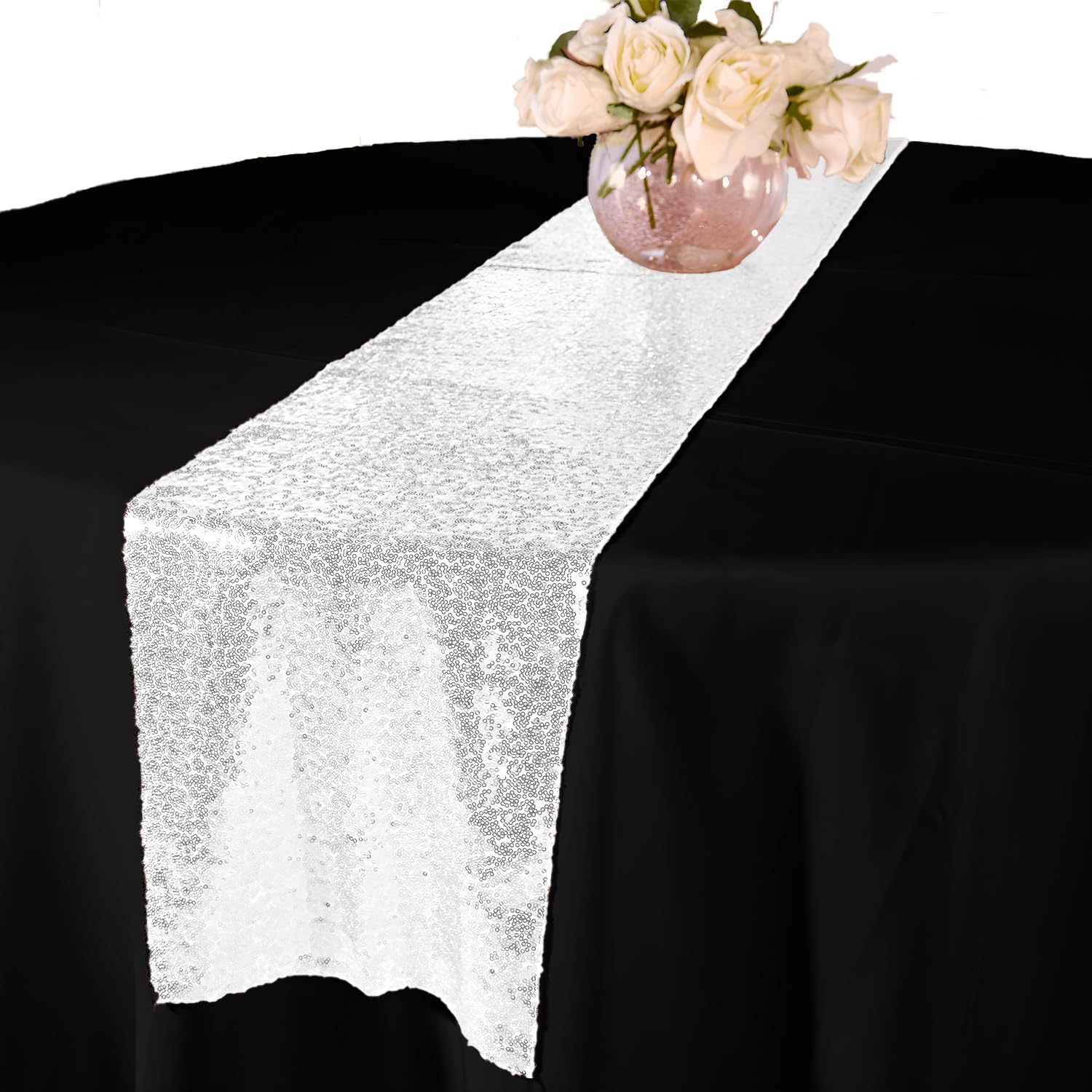 Elegant Event Essentials – Sequin Party Long Table Runner – For Spring Party, Wedding, Reception, Banquet, Home Dining Space Christmas Centrepiece Decoration (12” x 108”/30.48 x 274.32cm) - White