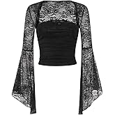 Verdusa Women's Gothic Bell Sleeve Square Neck Ruched Blouse Y2K Lace Tops