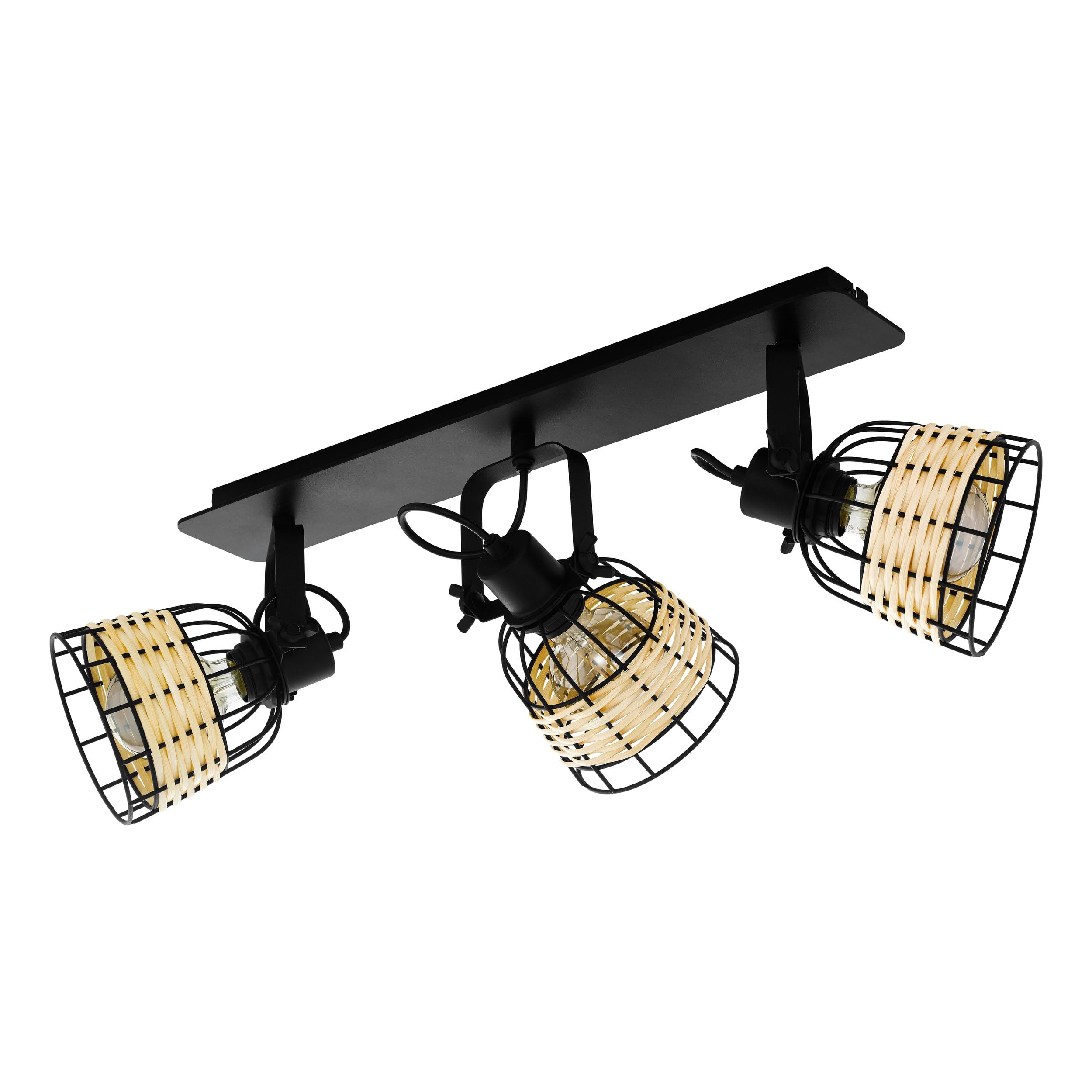 EGLO Anwick 1 Ceiling Light, 3-Bulb Ceiling Light, Vintage, Boho, Ceiling Spotlight Made of Steel and Rattan, Living Room Lamp in Black, Natural, Kitchen Lamp, Spotlights with E27 Socket