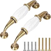 Xisakaca Retro Ceramics Cabinet Handles, French Style 2 Pcs White Ceramic Zinc Alloy Pulls with Screws for Cupboards Wardrobe Drawer Dresser, 3.77" Inch Center to Center Spacing