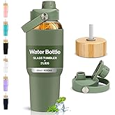 PROBTTL Glass Water Bottles 32 oz, 1 Liter Glass Tumbler, Borosilicate Water Bottle with Straw, Silicone Sleeve, 2 Lids - Handle Spout & Bamboo Straw Lid, Fits Car Cup Holder (Olive)