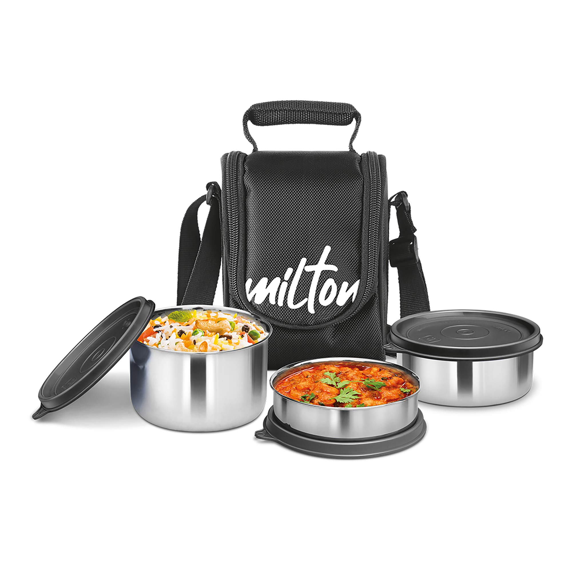 MILTON Tasty 3 Stainless Steel Lunch Box, Set of 3, 200 ml, 320 ml, 500 ml, Black | Leak Proof | Easy to Carry | Stainless Steel | Odour Proof | Food Grade | Light Weight | Easy to Clean