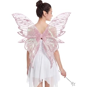 Kutyndrix Large Fairy Wings for Adults Women 31.5in Butterfly Costume Set | Iridescent organza with wire edges, plus a star w