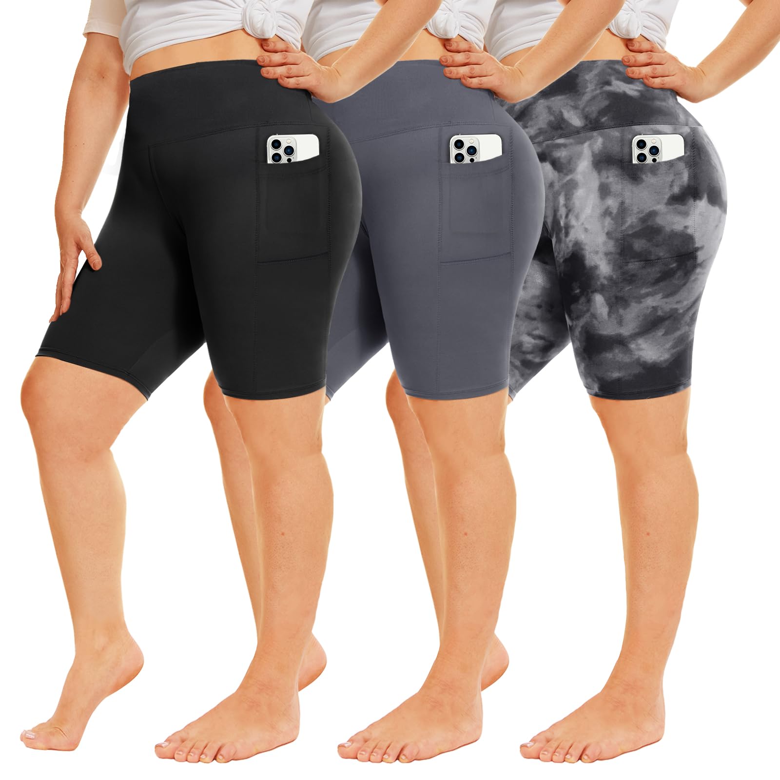QGGQDD 3 Pack Plus Size Biker Shorts for Women – 8" High Waisted Tummy Control Shorts for Yoga Workout Biking Black/Grey/Black Tie-dye XX-Large 2 Pockets Image QGGQDD 3 Pack Plus Size Biker Shorts for Women – 8" High Waisted Tummy Control Shorts for Yoga Workout Biking Black/Grey/Black Tie-dye XX-Large 2 Pockets Image