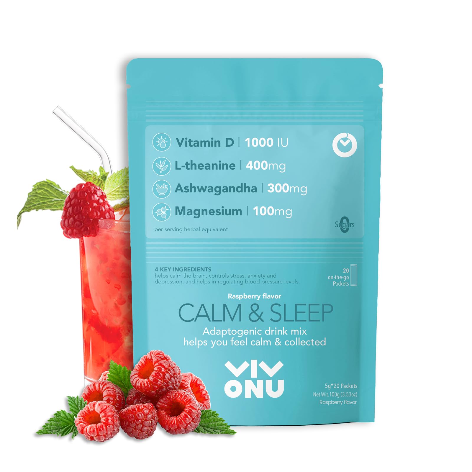 Photo 1 of *Exp 2026/08/11* VivoNu Calm & Sleep Powdered Drink Mix Raspberry L Theanine Ksm-66 Ashwagandha Magnesium Glycinate Vitamin D3 Supplements for Relaxation & Focus No Sugar Non GMO 20pcs/1 Bag