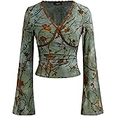 CIDER Going Out Tops for Women Floral Print Long Bell Sleeve V Neck Lace Trim Slim Fit Crop Top Fall Trendy