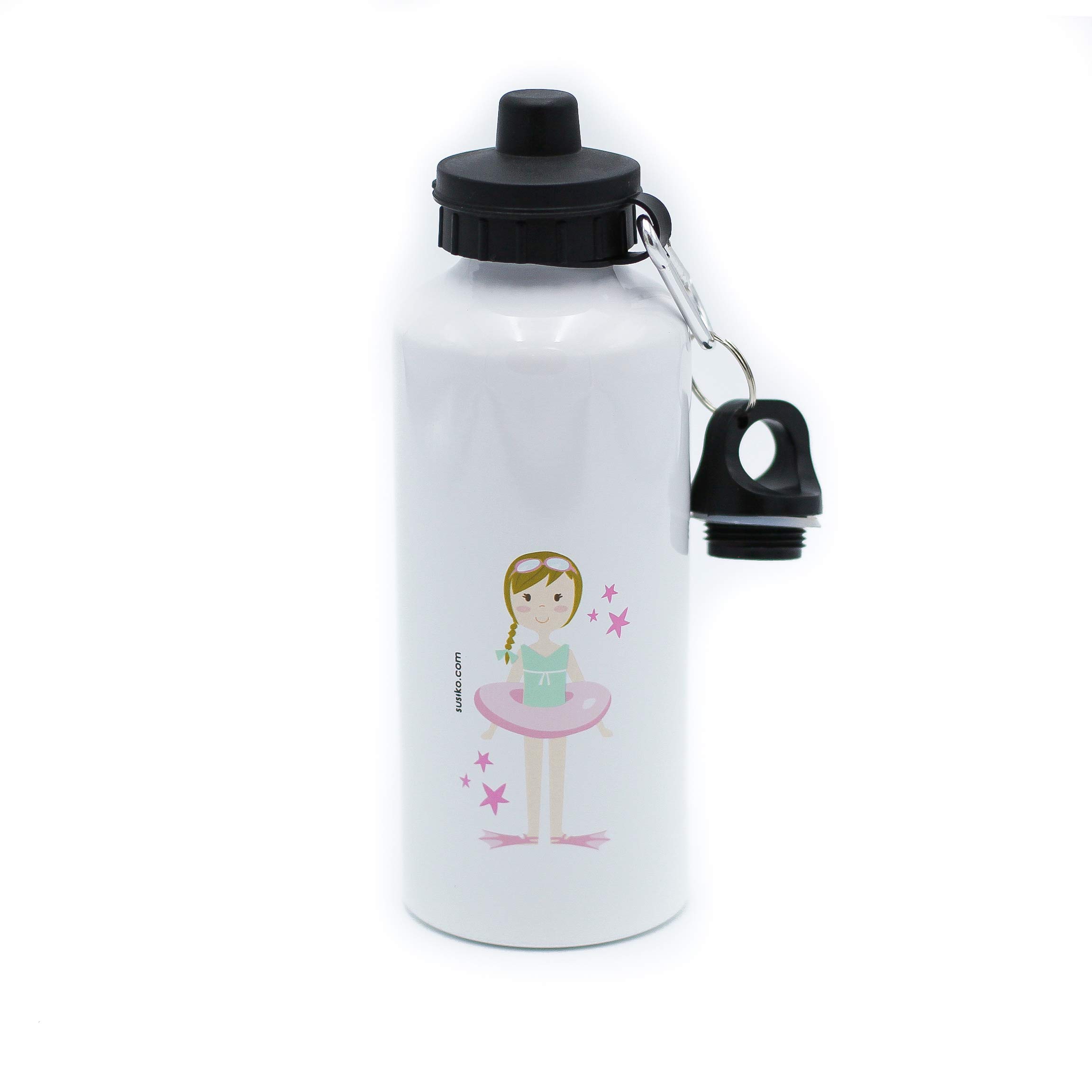 Susiko | Aluminium Bottle with 2 Caps | Girl Swimming | Measures 21 x 7.4 cm | Capacity 600 ml | Weight 160 g | Packaging in White Box | Bright White