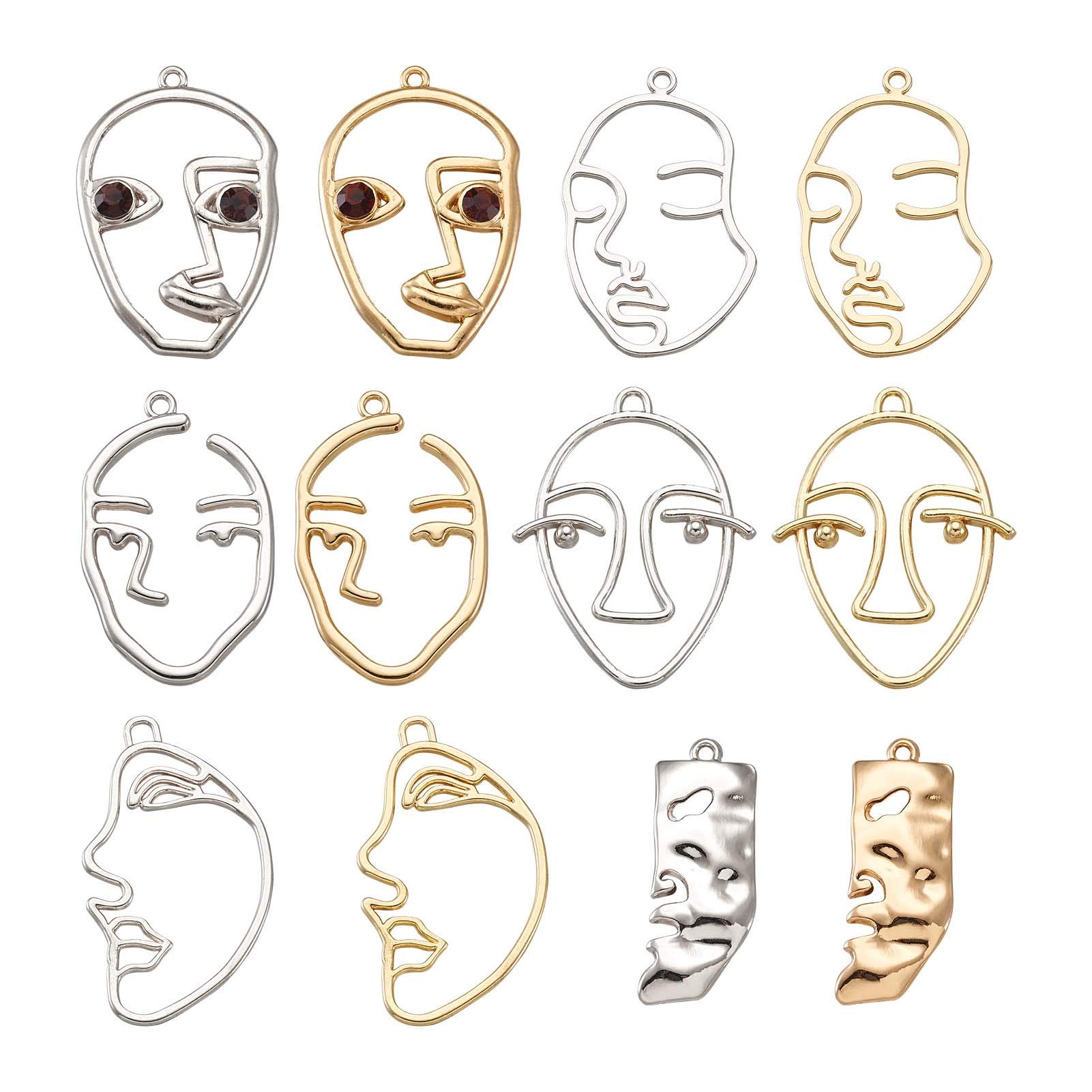 Craftdady 24pcs Human Face Abstract Earrings Charm Pendants Hollow Face Statement Dangle Pendants for Jewelry Making, Platinum & Golden
